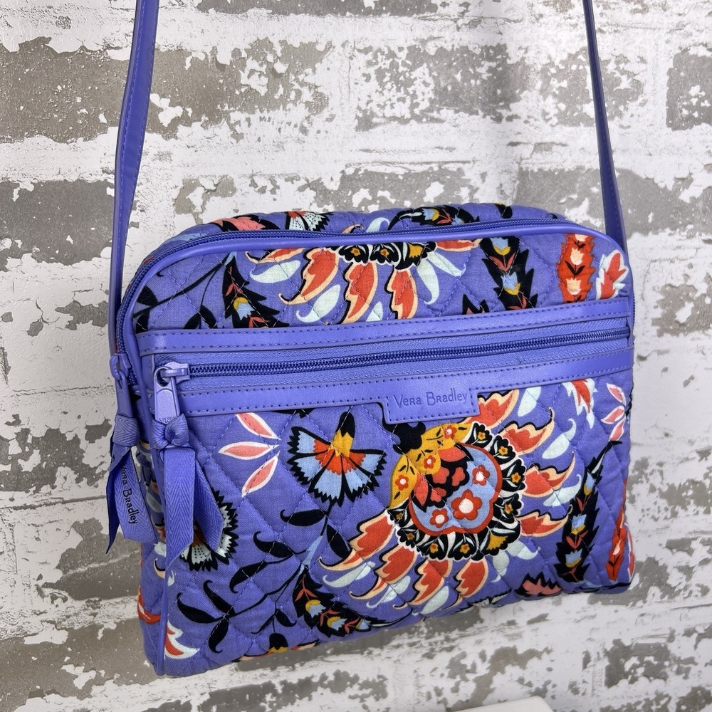 Vera Bradley Mural Garden Trimmed Crossbody Purse Purple Floral Boxy Bag